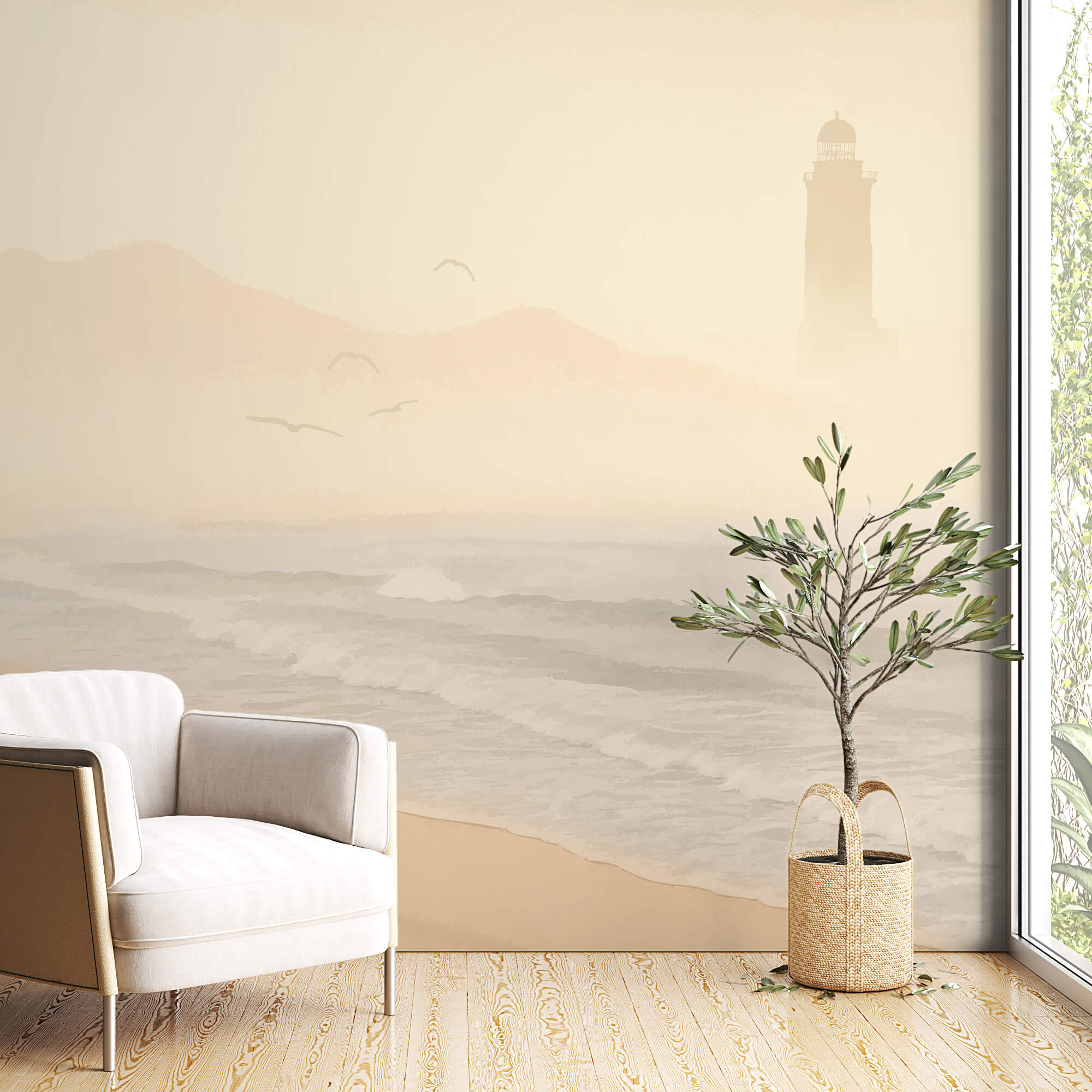 Strand met golven en vogels