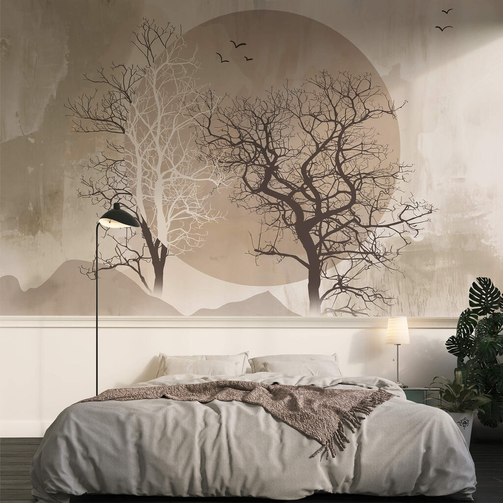 Schilderij van bomen en een zon Schilderij van bomen en een zon