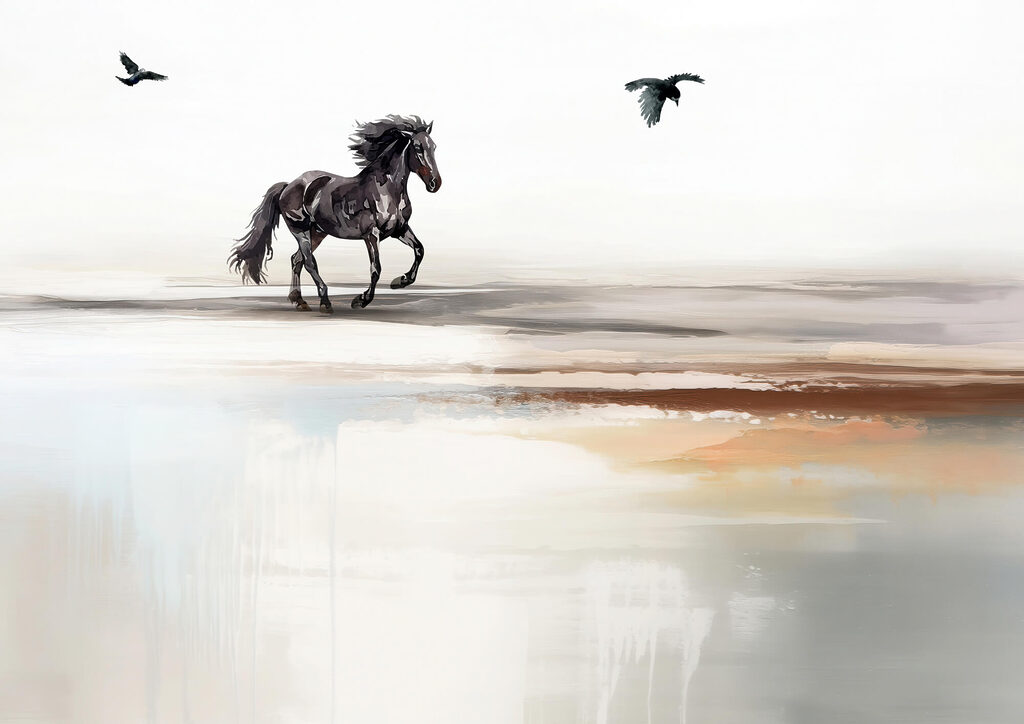 Schilderij van een paard dat over een strand rent met vliegende vogels Schilderij van een paard dat over een strand rent met vliegende vogels