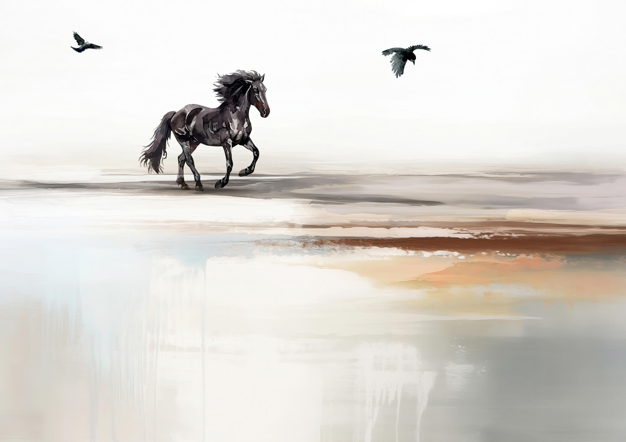 Painting of a horse running on a beach with birds flying Painting of a horse running on a beach with birds flying