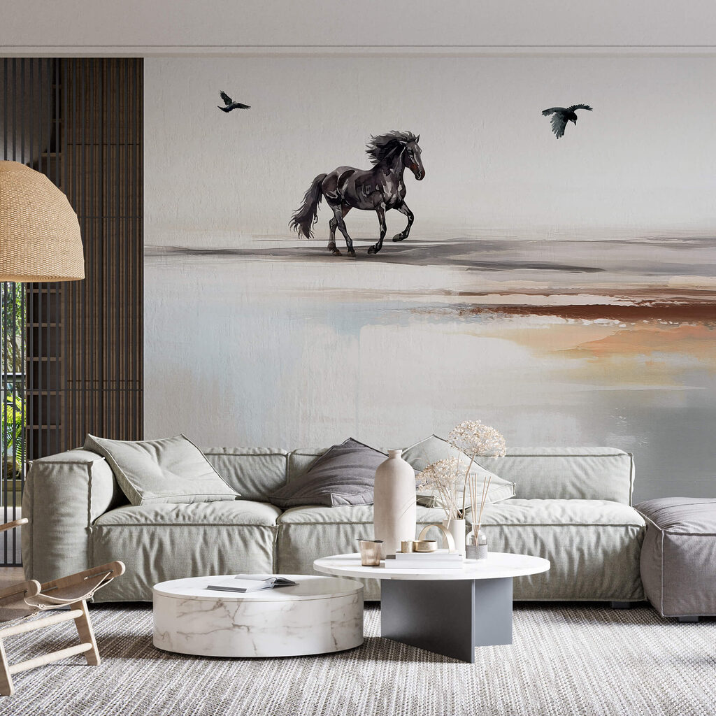 Schilderij van een paard dat over een strand rent met vliegende vogels Schilderij van een paard dat over een strand rent met vliegende vogels