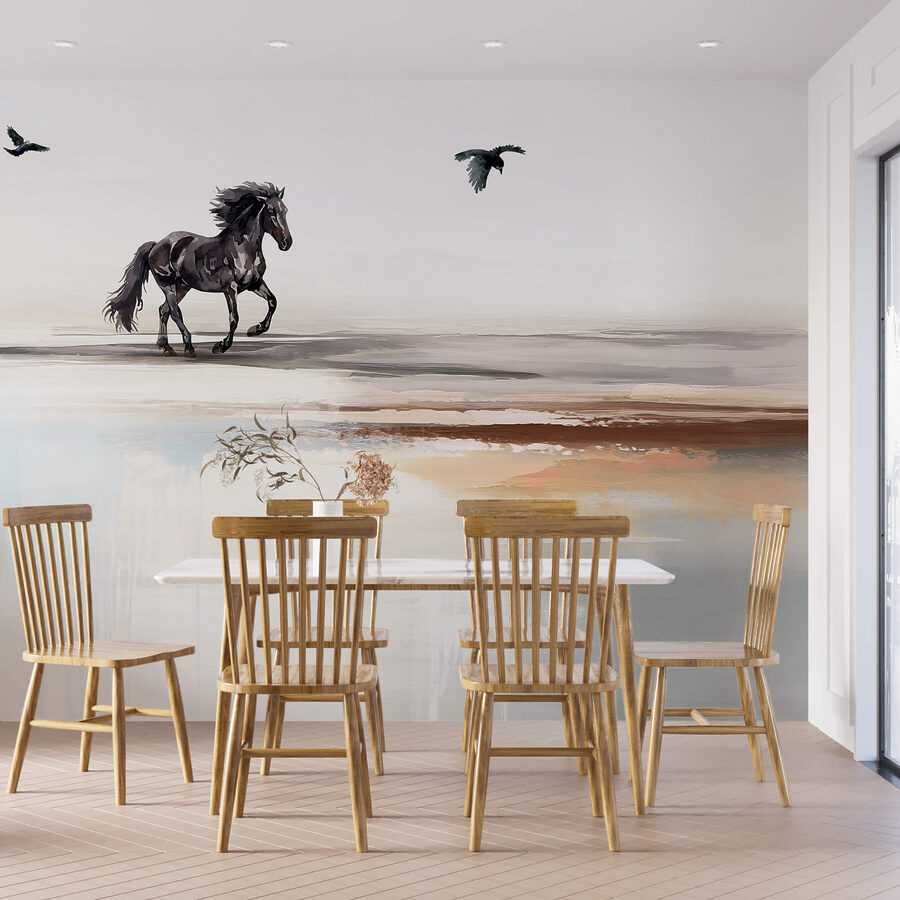 Schilderij van een paard dat over een strand rent met vliegende vogels