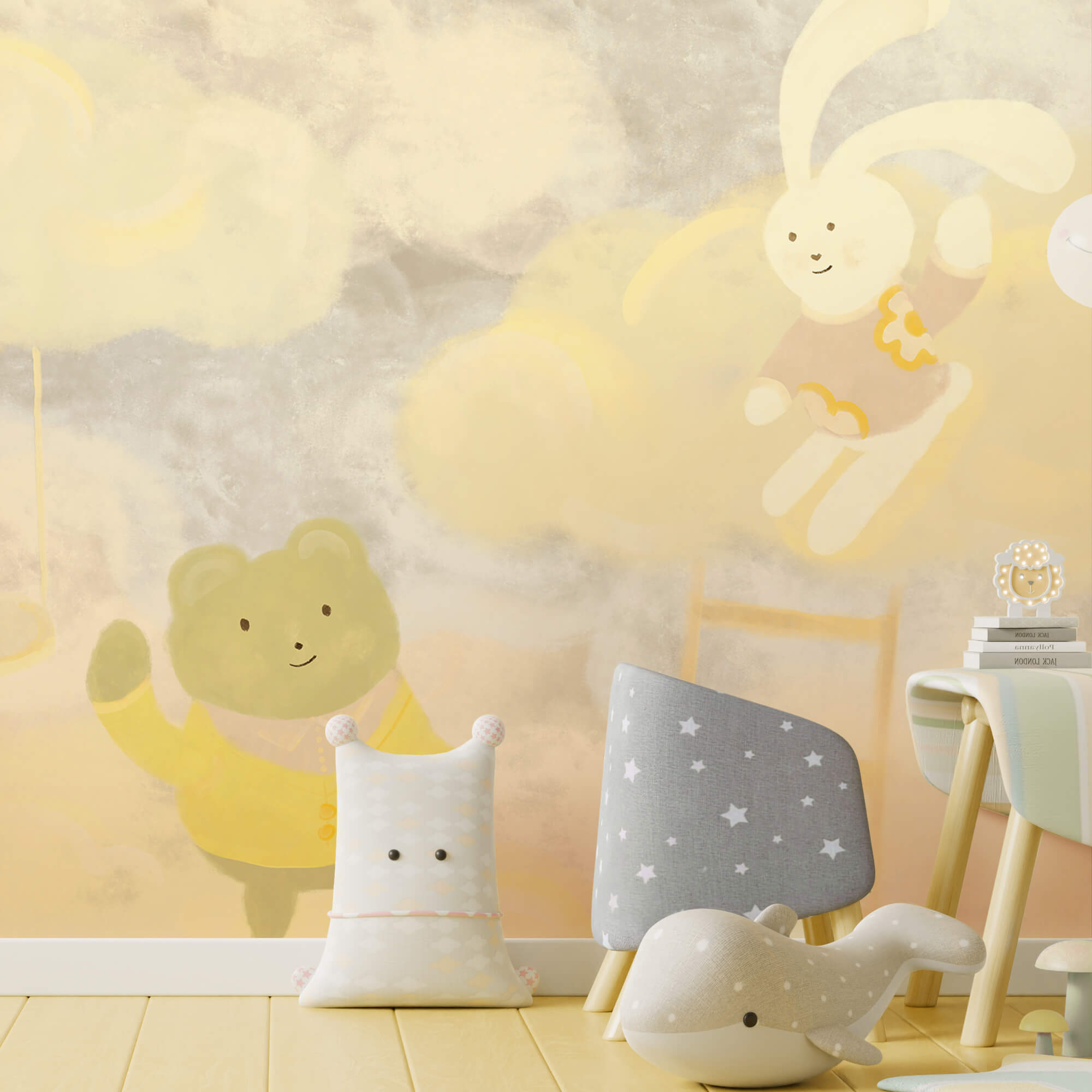 Cartoonbeer en konijn in de wolken