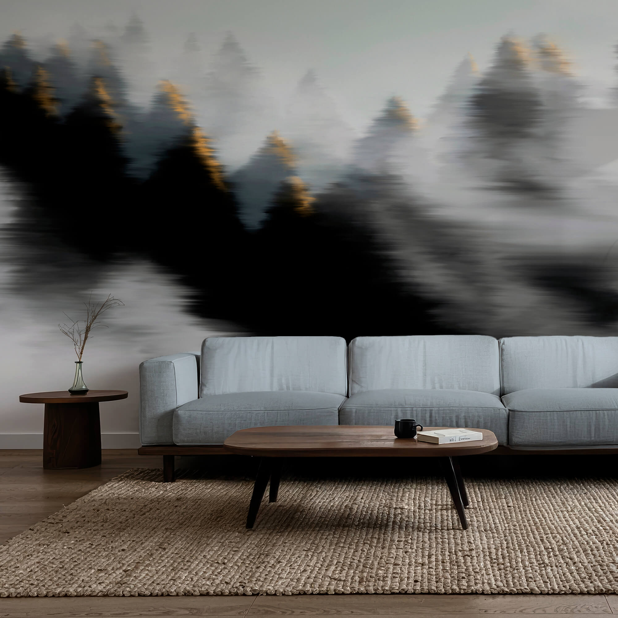 Mistig bos met bomen