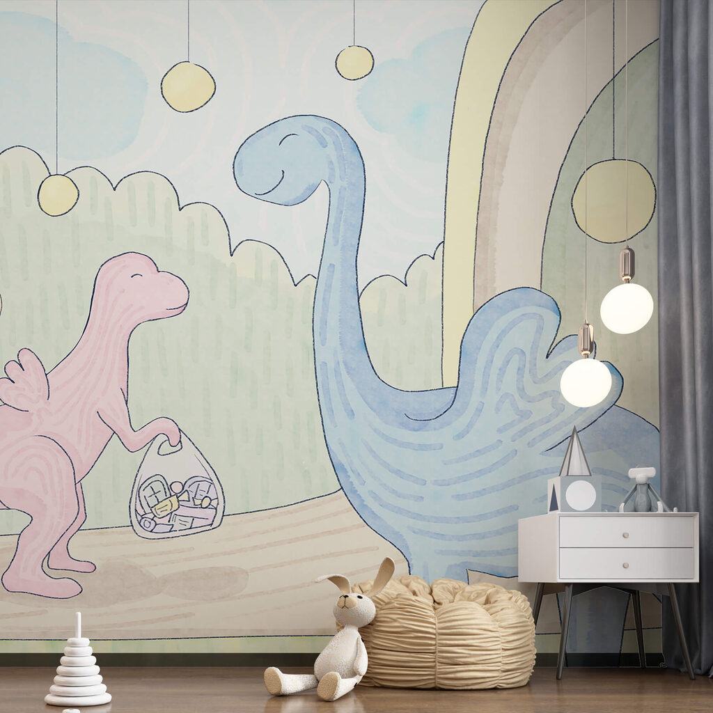 Cartoon van dinosaurussen die een tas dragen Cartoon van dinosaurussen die een tas dragen