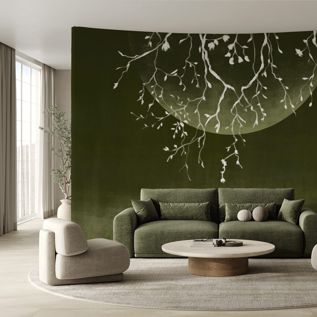 Boomtakken met bladeren en een maan