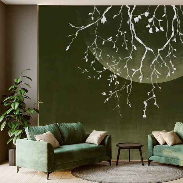 Boomtakken met bladeren en een maan