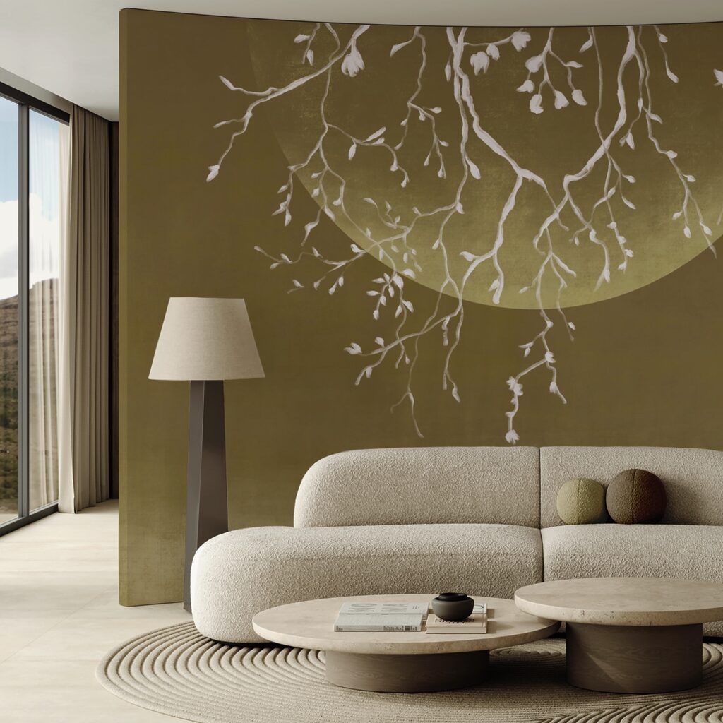 Boomtakken met bladeren en een maan