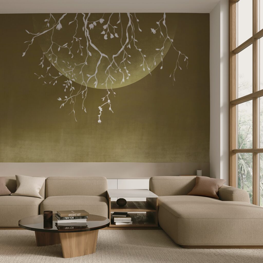 Boomtakken met bladeren en een maan