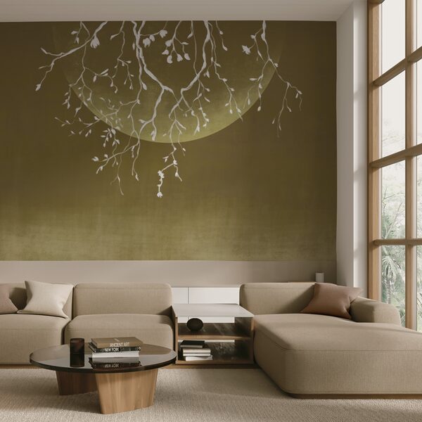 Boomtakken met bladeren en een maan