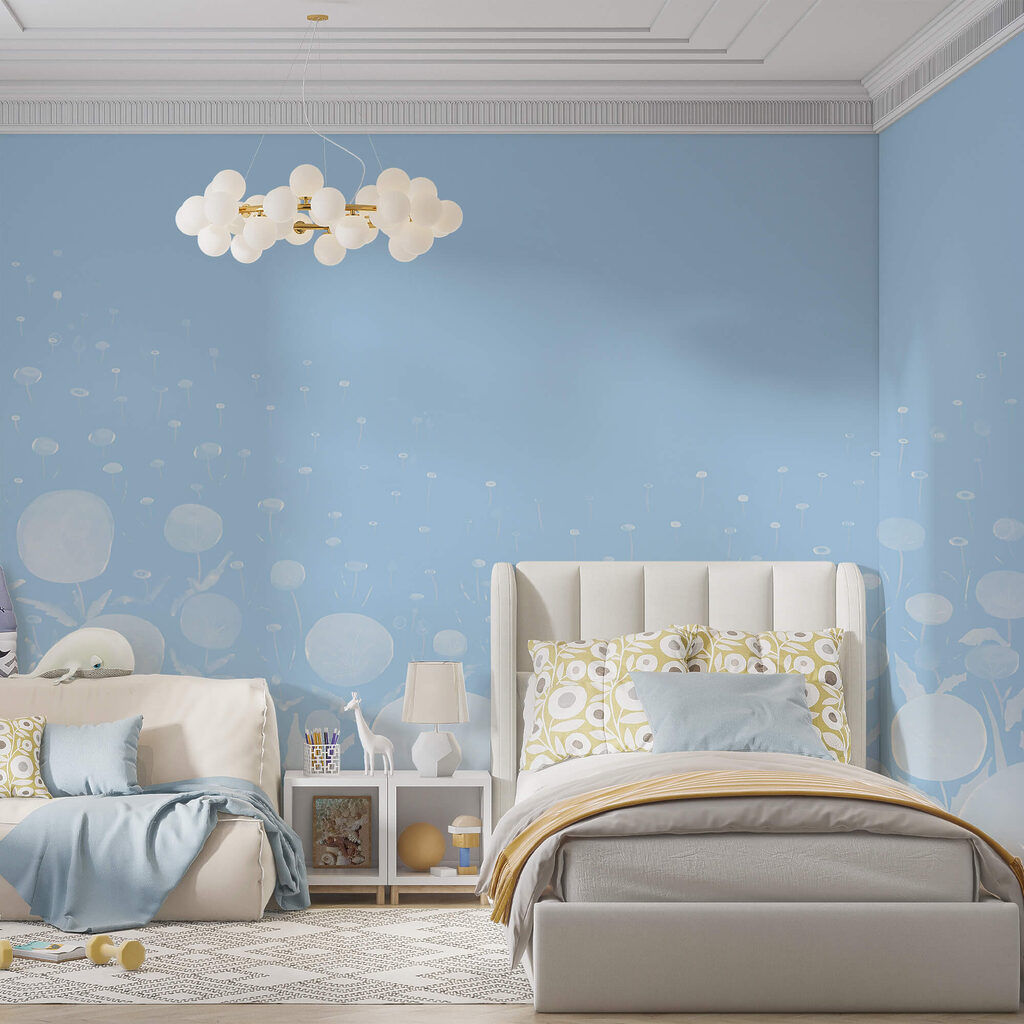 Witte bloemen met bladeren en een blauwe achtergrond