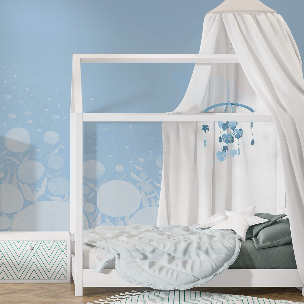 Witte bloemen met bladeren en een blauwe achtergrond