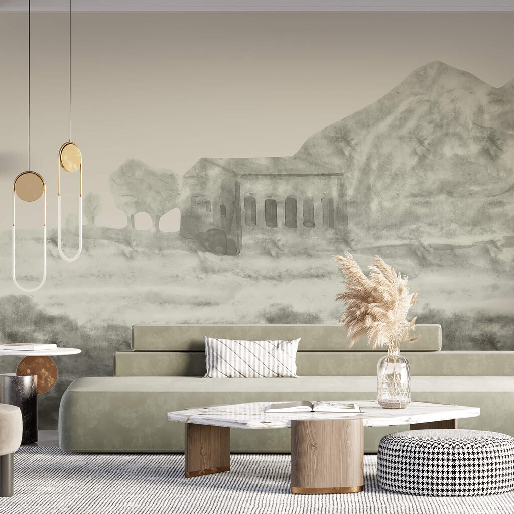 Tekening van een gebouw en een berg Tekening van een gebouw en een berg