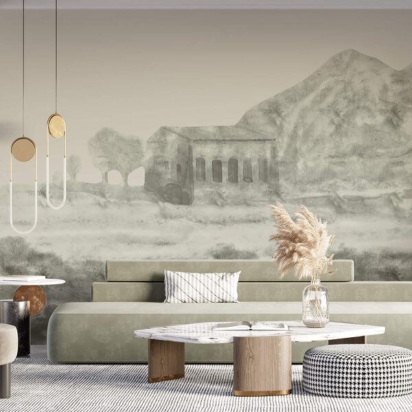 Tekening van een gebouw en een berg Tekening van een gebouw en een berg