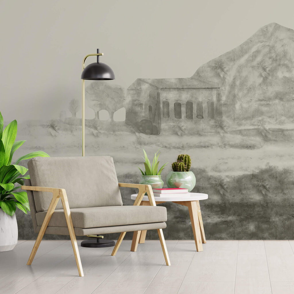 Tekening van een gebouw en een berg Tekening van een gebouw en een berg