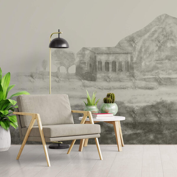 Tekening van een gebouw en een berg Tekening van een gebouw en een berg