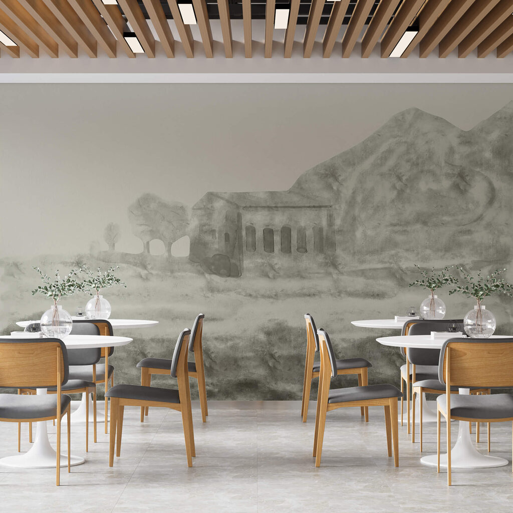 Tekening van een gebouw en een berg Tekening van een gebouw en een berg