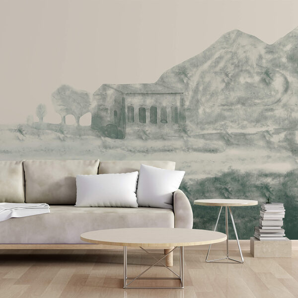 Schilderij van een gebouw en een berg Schilderij van een gebouw en een berg