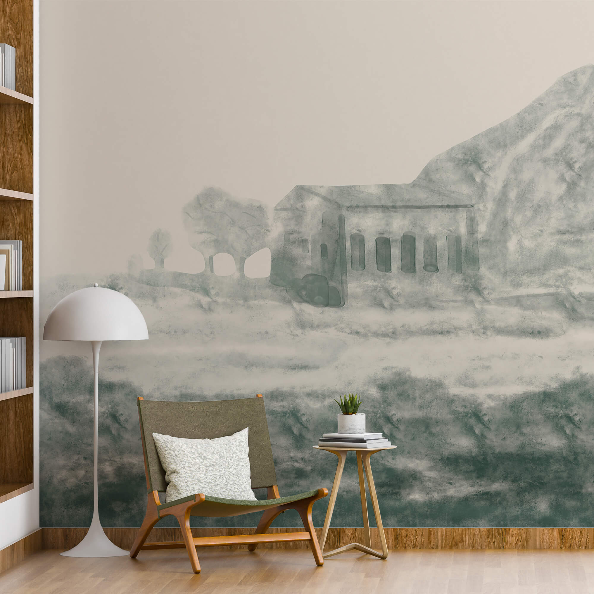 Schilderij van een gebouw en een berg Schilderij van een gebouw en een berg