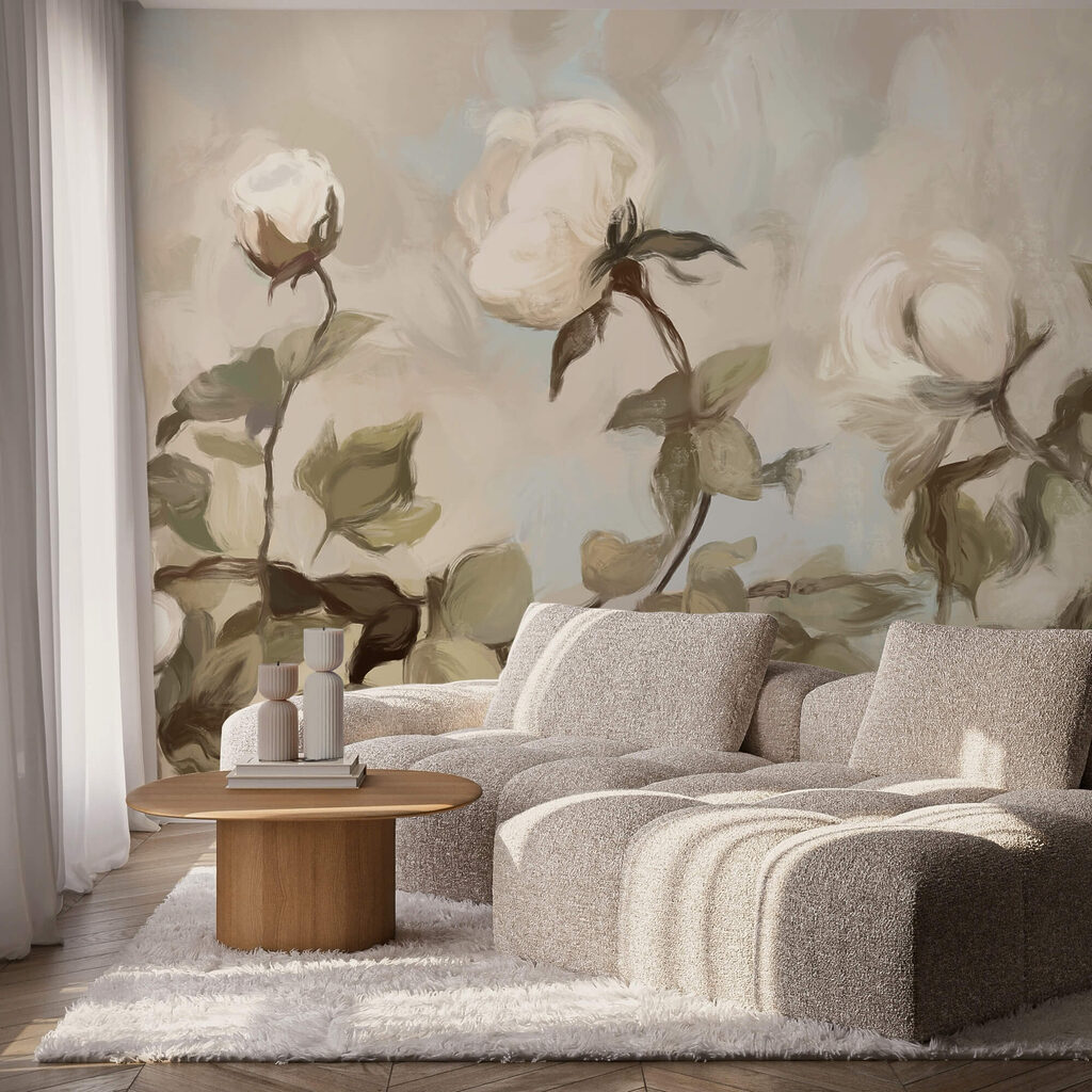 Schilderij van witte bloemen en bladeren