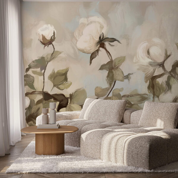 Schilderij van witte bloemen en bladeren