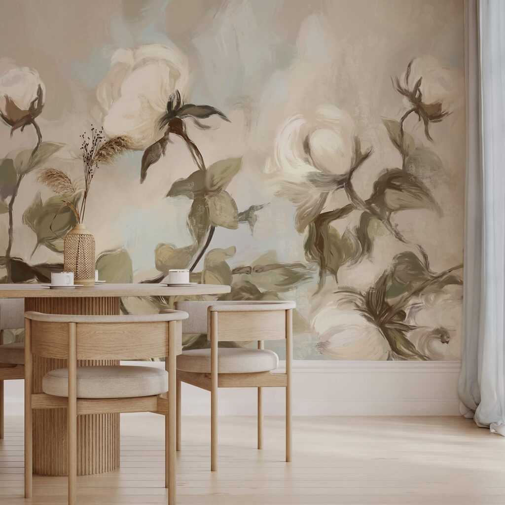 Schilderij van witte bloemen en bladeren