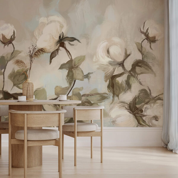 Schilderij van witte bloemen en bladeren