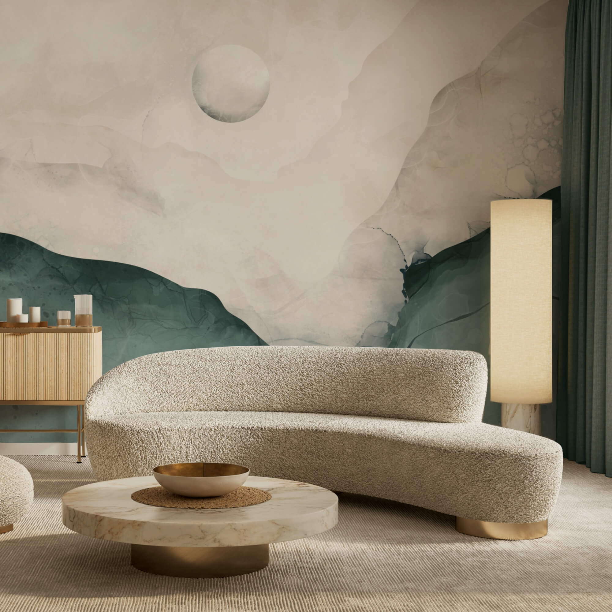 Schilderij van een berg met een maan aan de hemel