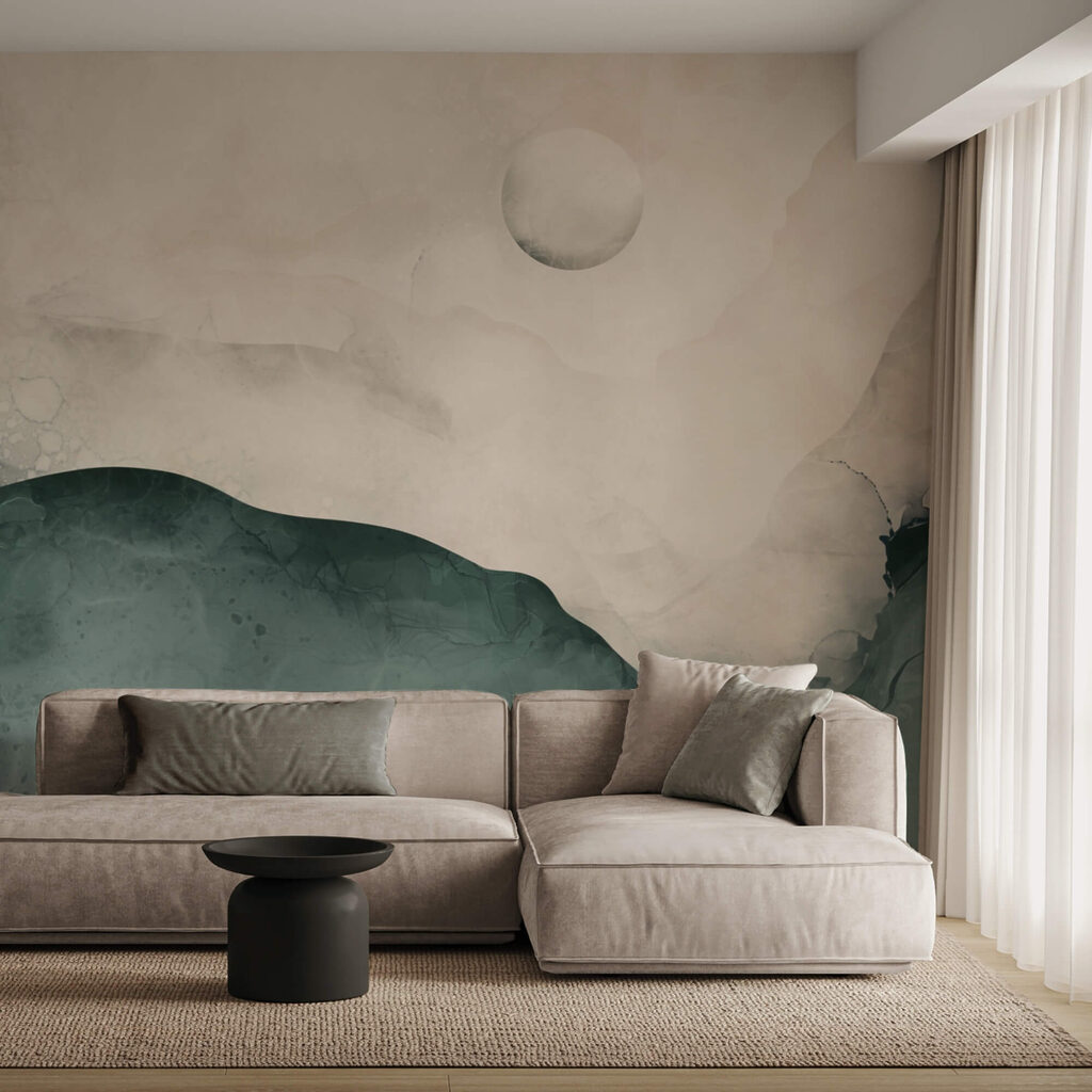 Schilderij van een berg met een maan aan de hemel