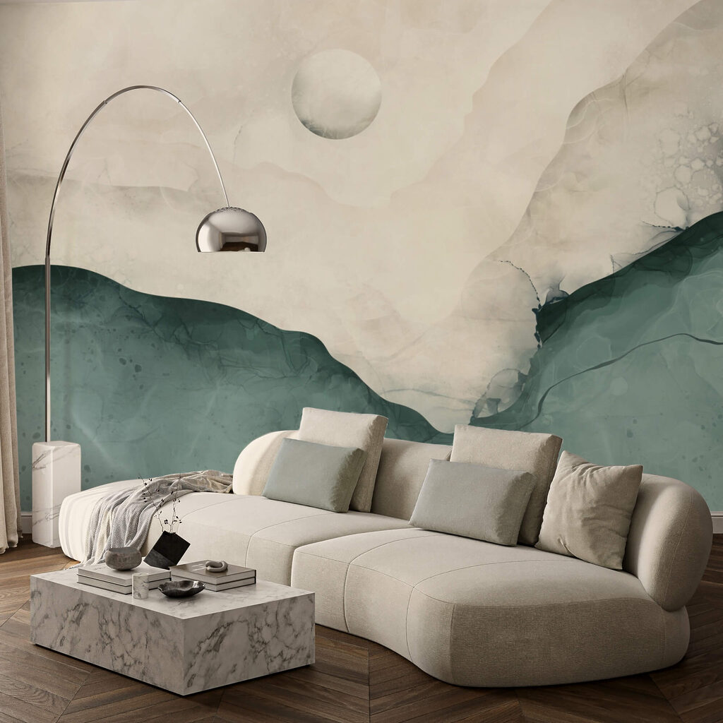 Schilderij van een berg met een maan aan de hemel