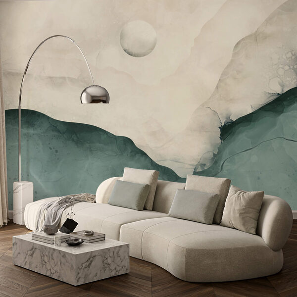 Schilderij van een berg met een maan aan de hemel