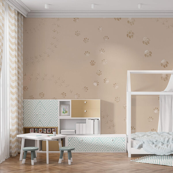 Fotobehang Fotobehang Patroon van pootafdrukken en vogels (Artikelnummer: t00410)