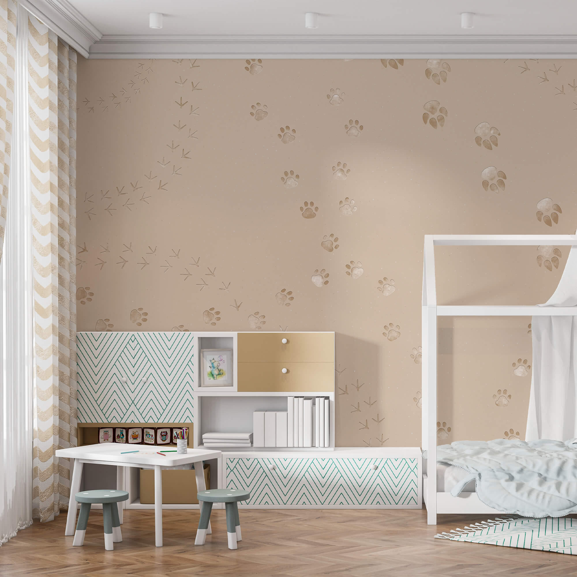 Patroon van pootafdrukken en vogels