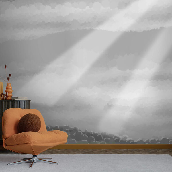 Grijstintenafbeelding van wolken en zonnestralen Grijstintenafbeelding van wolken en zonnestralen