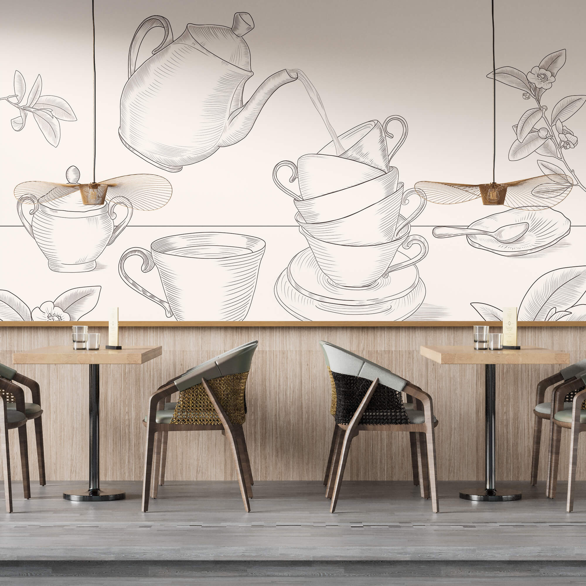 Theepot die in een stapel theekopjes schenkt Theepot die in een stapel theekopjes schenkt