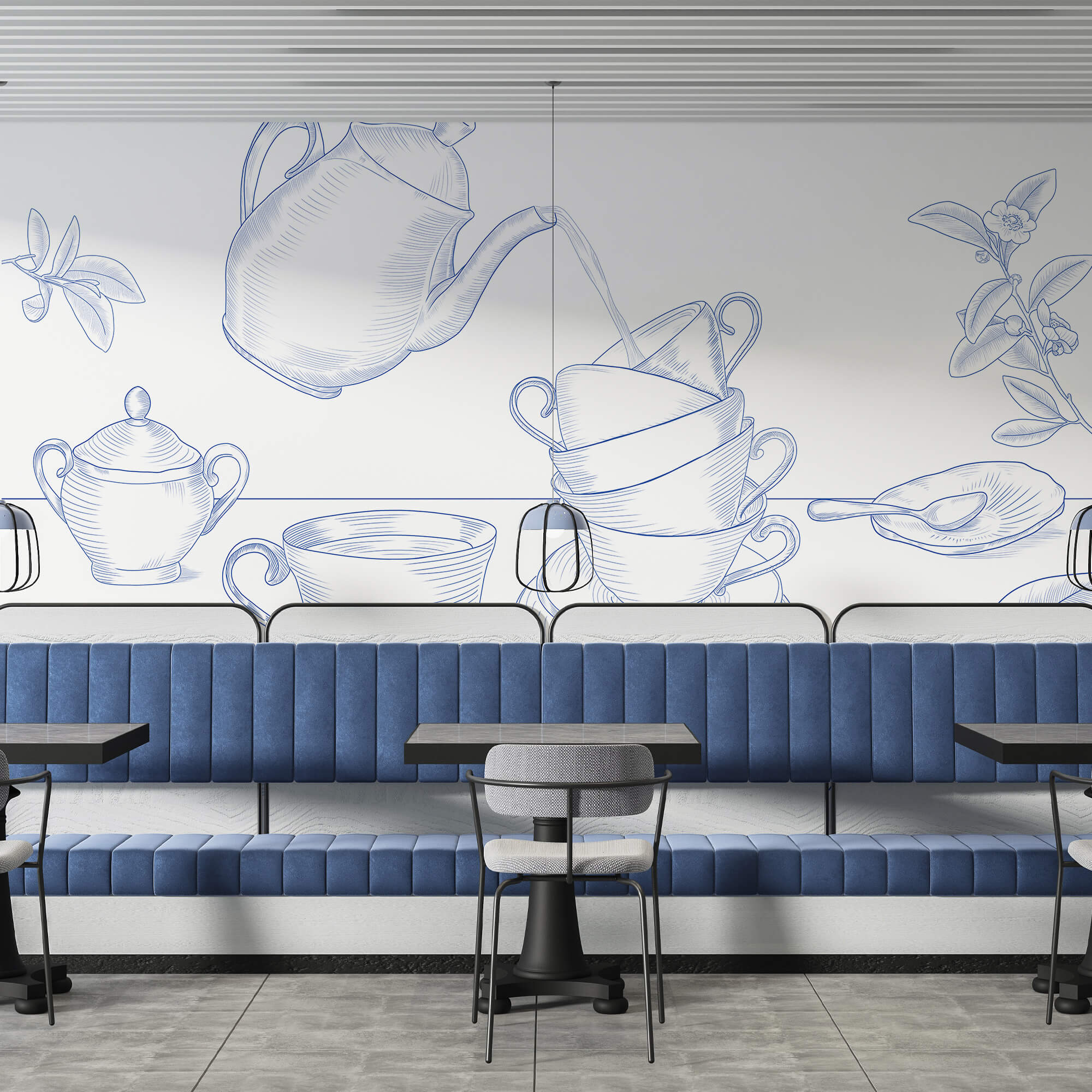 Theepot die in een stapel theekopjes schenkt