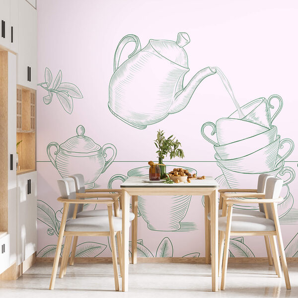 Theepot die thee in een stapel theekopjes schenkt