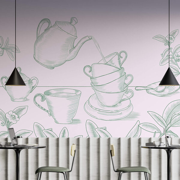 Theepot die thee in een stapel theekopjes schenkt