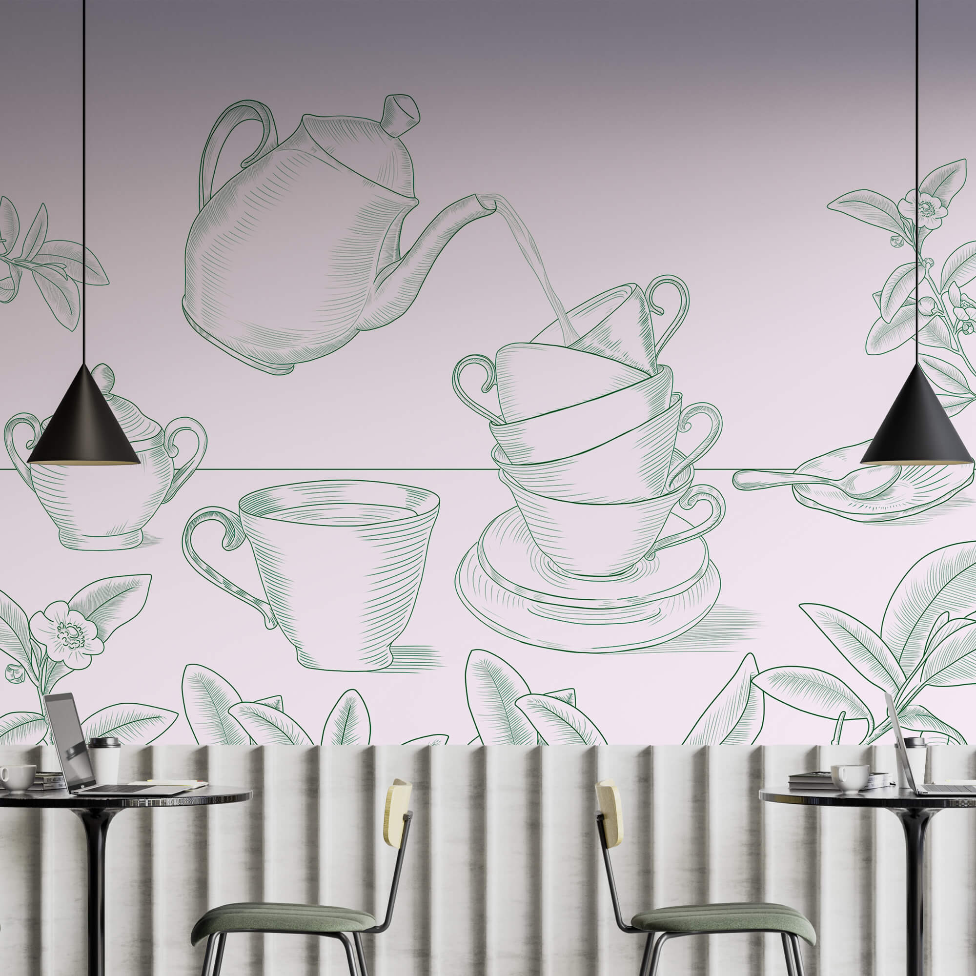 Theepot die thee in een stapel theekopjes schenkt