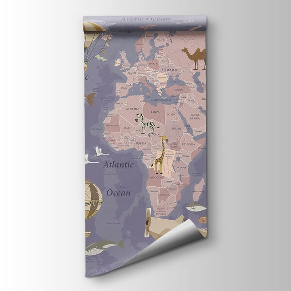 A map of the world with airplanes and hot air balloons