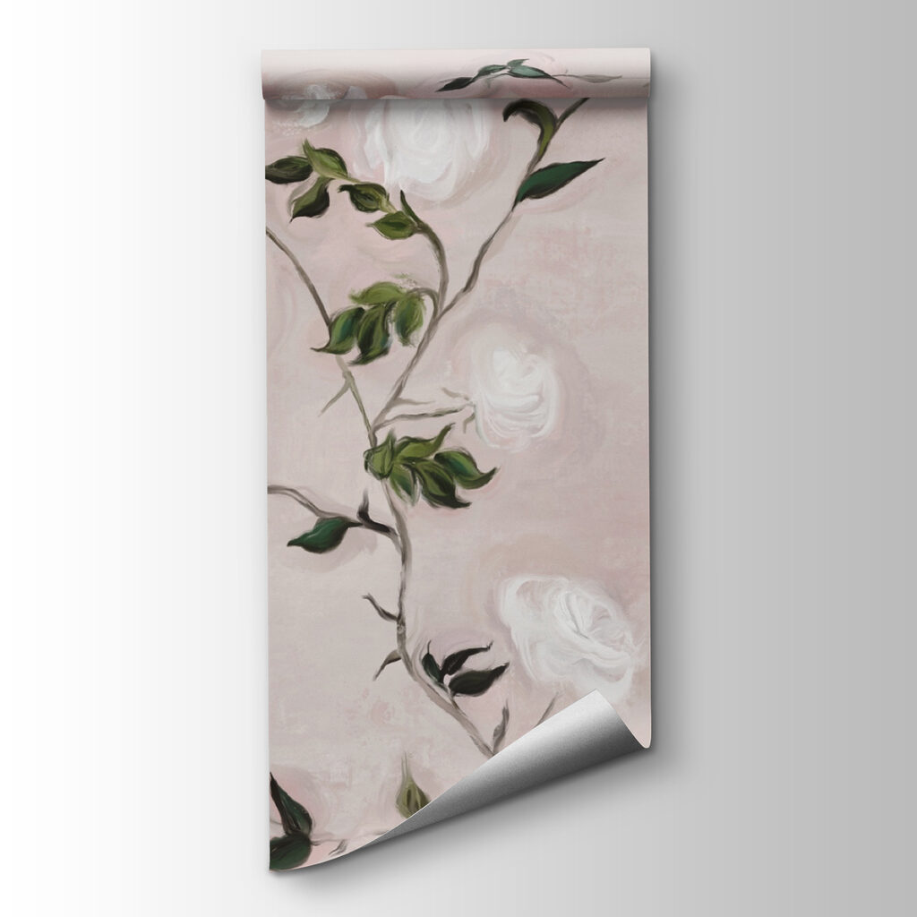 Painting of a branch with white flowers and green leaves Painting of a branch with white flowers and green leaves