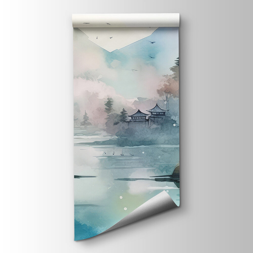 Watercolor painting of a lake with trees and mountains Watercolor painting of a lake with trees and mountains