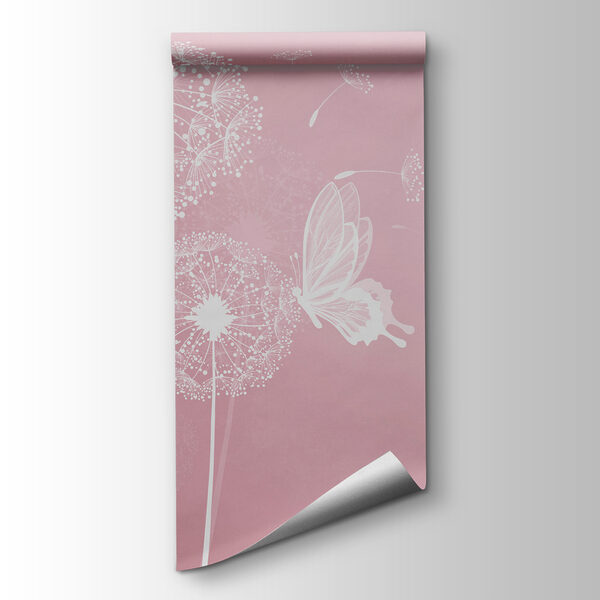 A pink background with white dandelions and butterflies A pink background with white dandelions and butterflies