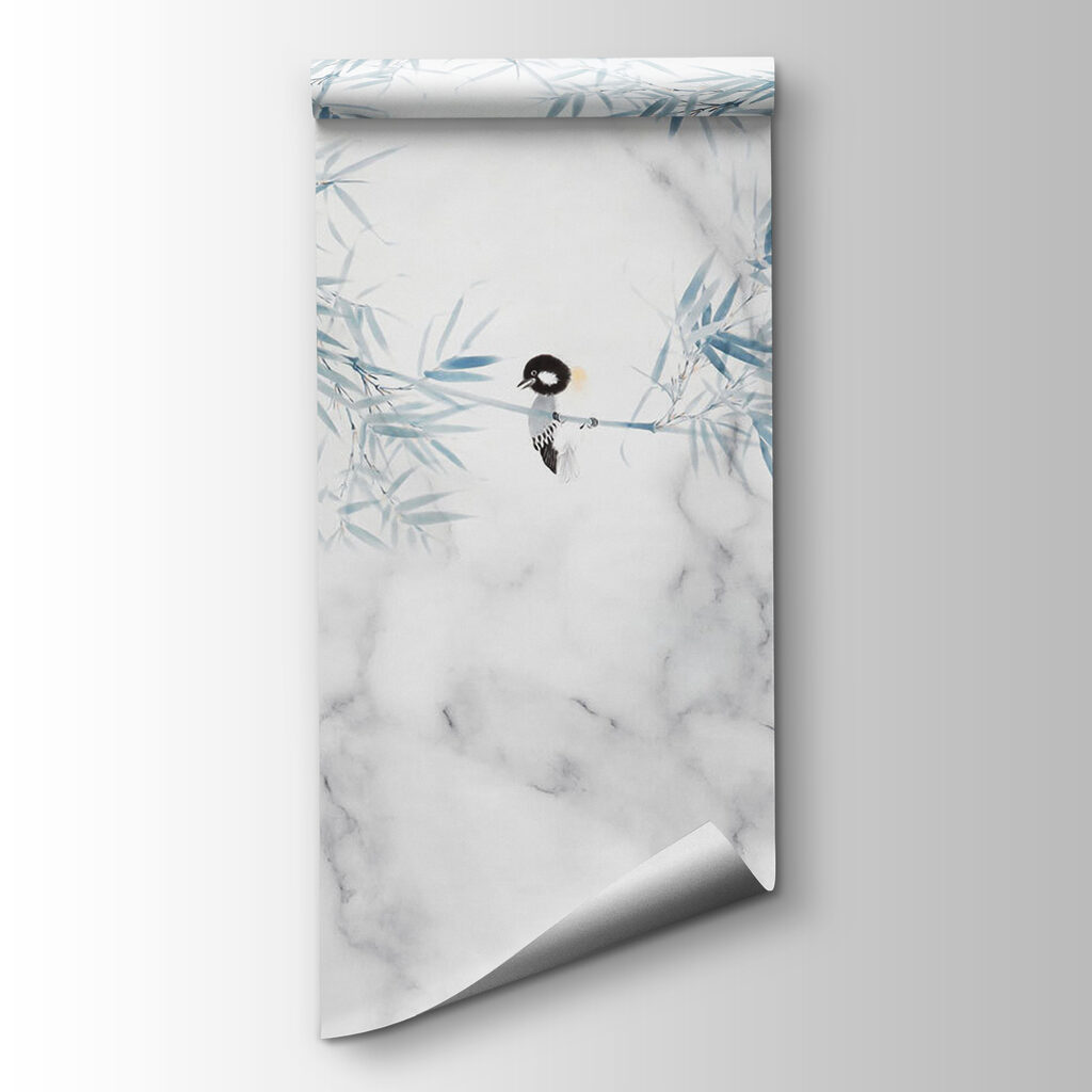 White marble surface with blue leaves and birds