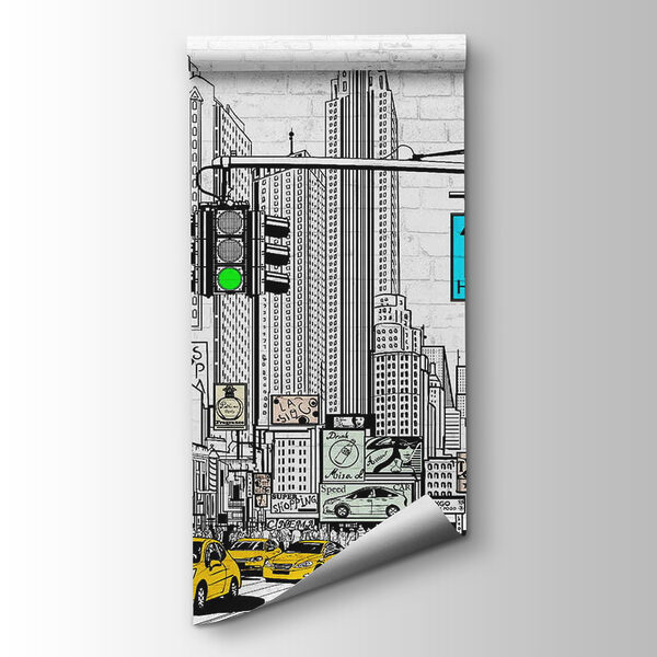 Drawing of a city street with cars and buildings