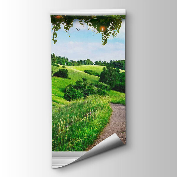 Window with open doors and a path through a grassy field Window with open doors and a path through a grassy field