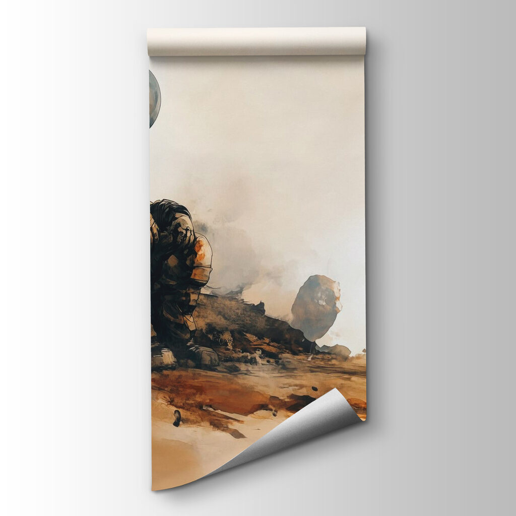 An astronaut sitting on a rock looking at a dog An astronaut sitting on a rock looking at a dog