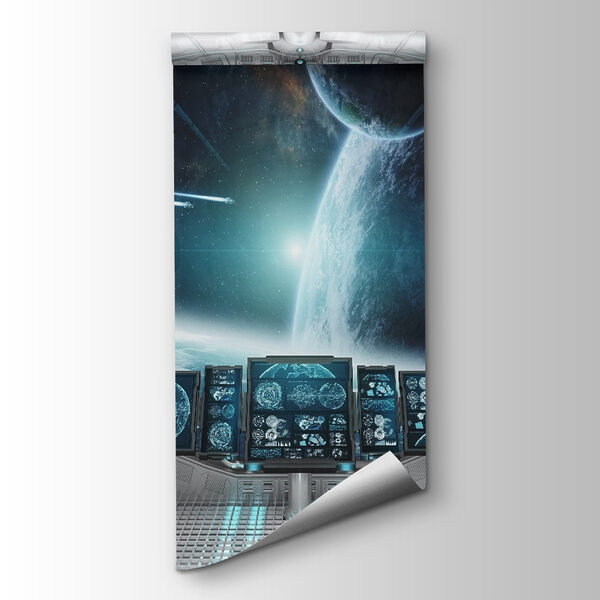 Room with screens and a view of earth from the window Room with screens and a view of earth from the window