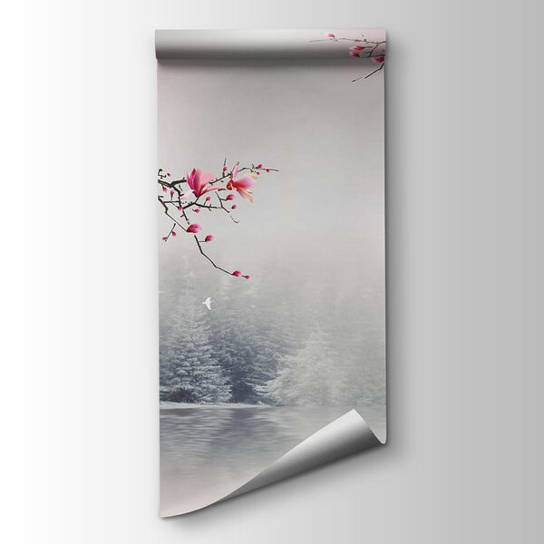 Tree branches with pink flowers and birds flying over water Tree branches with pink flowers and birds flying over water