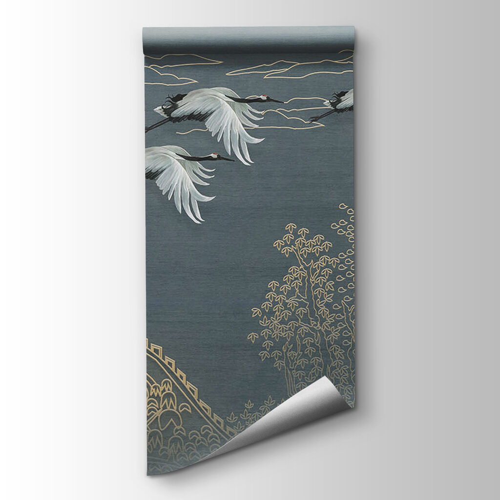 Painting of a landscape with cranes flying over a building